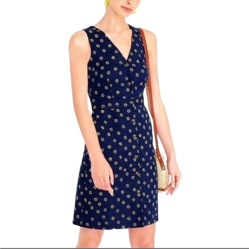 J. Crew Navy Blue Yellow Daisy Button Front Linen Blend Dress 6